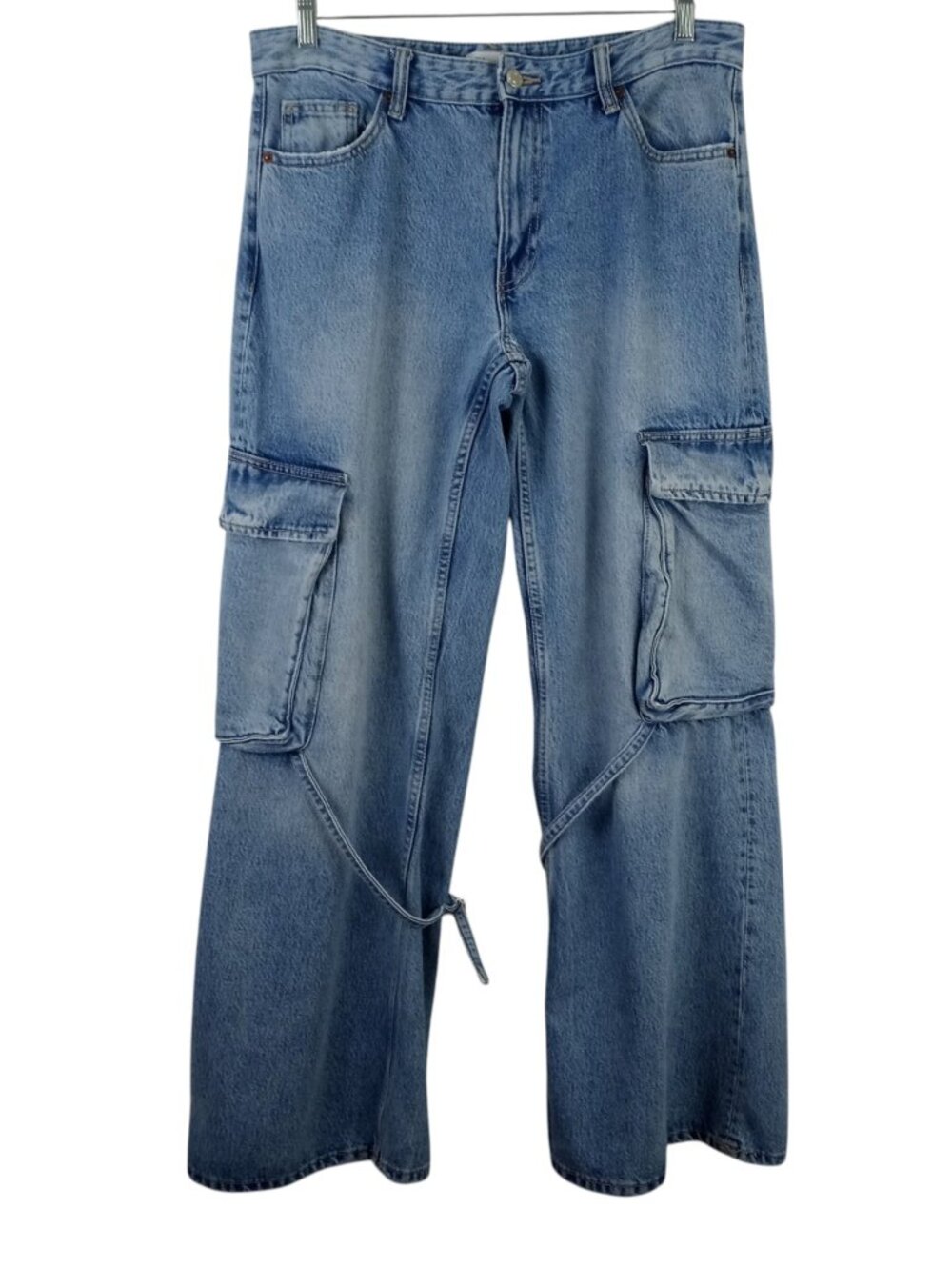 Zara Cargo Baggy Wide Leg D-Ring Strap Light Wash Blue Denim Jeans Womens 10